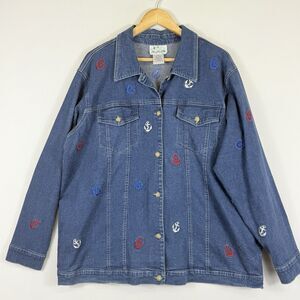 Quacker Factory Womens 1X Anchor Nautical Patriotic Blue Denim Shirt Top Shacket